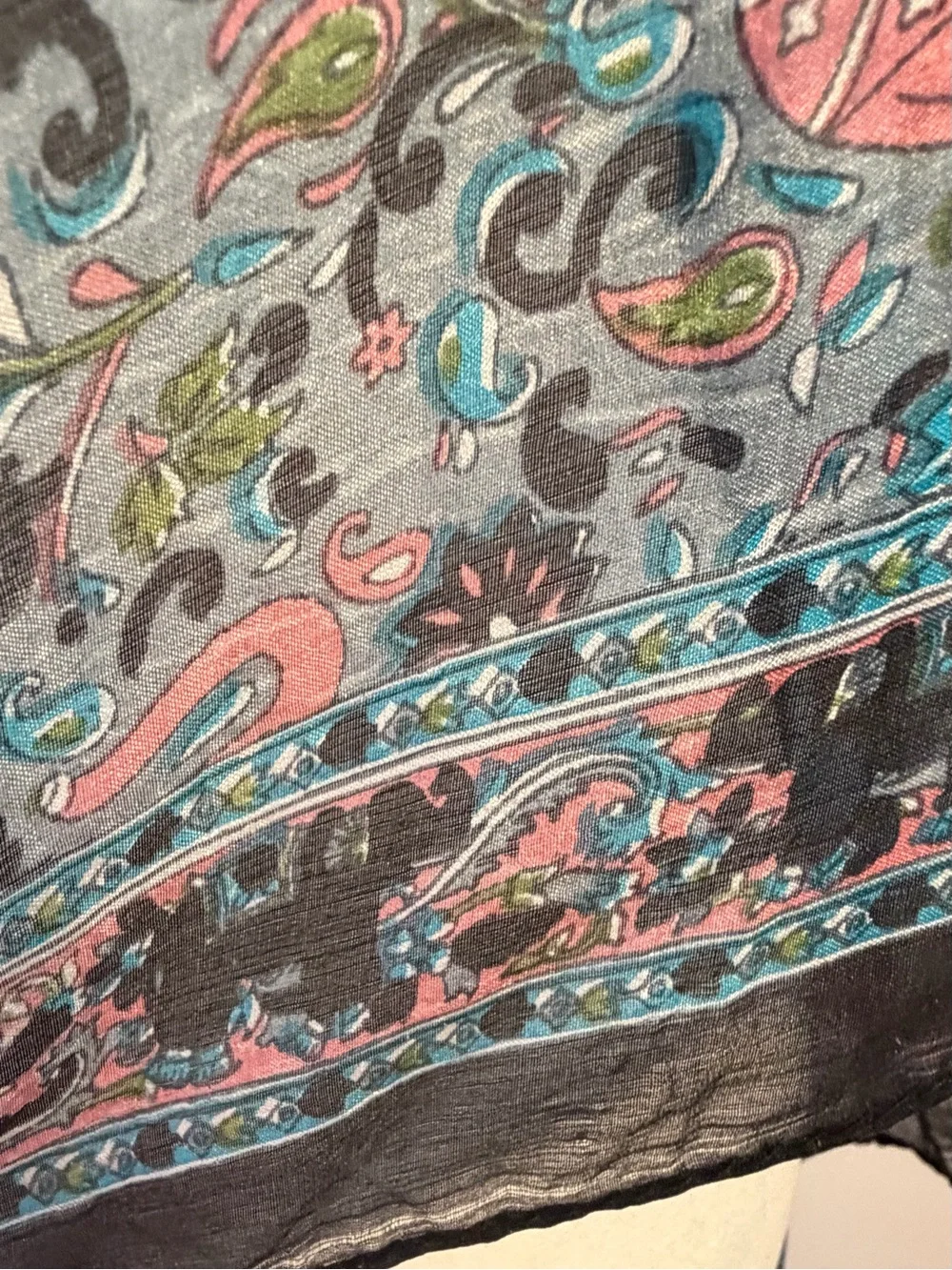 Lightweight 100% Silk Black & Blue Floral & Elephant Sheer Shawl Wrap Scarf